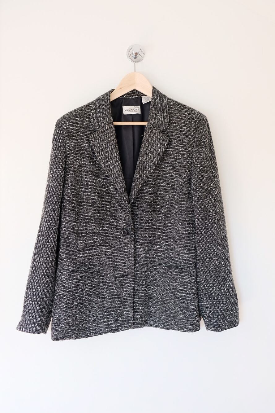 Vintage Tweed Blazer Sz 14 Black Boucle Oversized 90s Preppy Dark Academia
